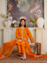 Bright Orange Embroidered Kurta Set with Floral Dupatta - Stylish & Elegant | Kahani 47 - Brands Kahani